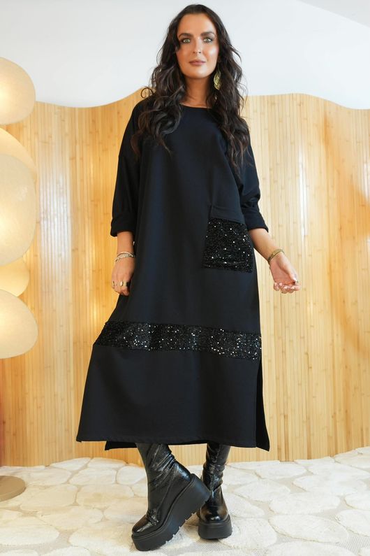 Oscar Immy Sequin Pocket Sweatshirt Dress Black /14=